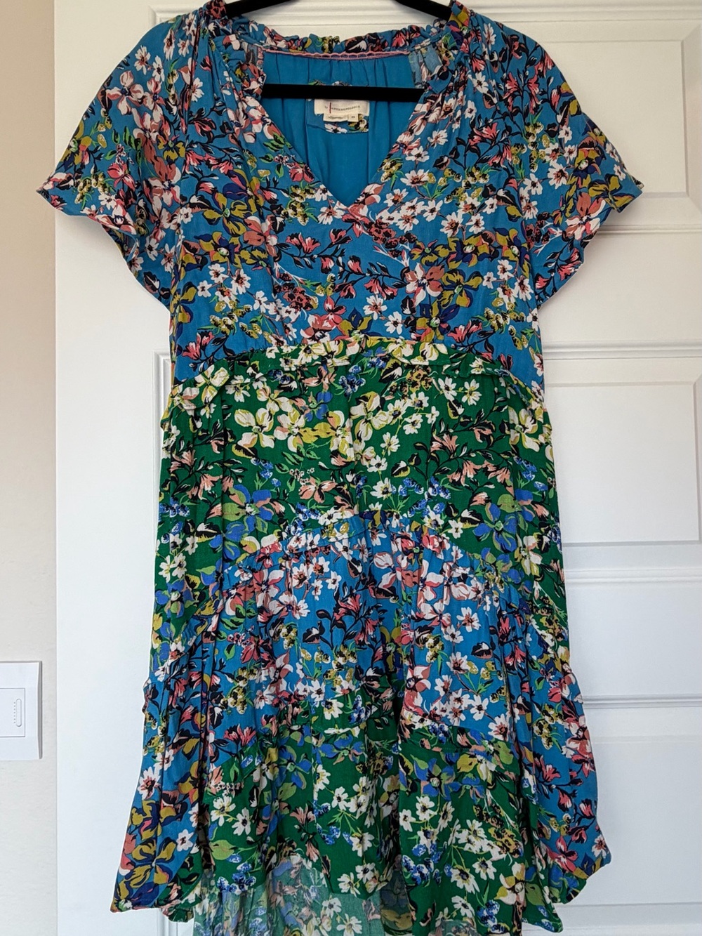 Anthropologie Blue & Green Floral V-Neck Tiered Color Block Dress